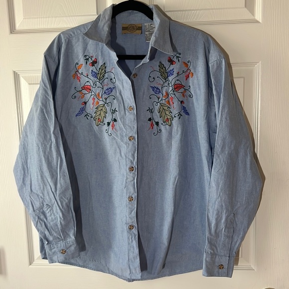 *VTG Denim Republic FALL Leaves Autumn Embroidered Chambray Button Down, Sz L - Picture 2 of 9